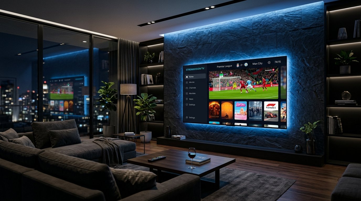 IPTV Polska nowoczesny salon ze smart tv i streamingiem iptv poland 4k
